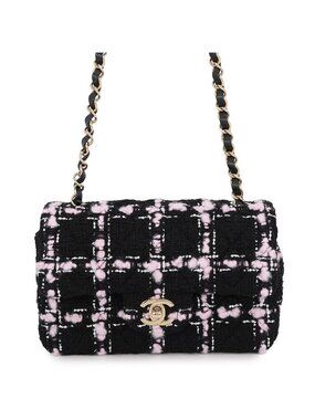 Chanel Chain Shoulder Bag Quilted 20 CC Logo Tweed Black
